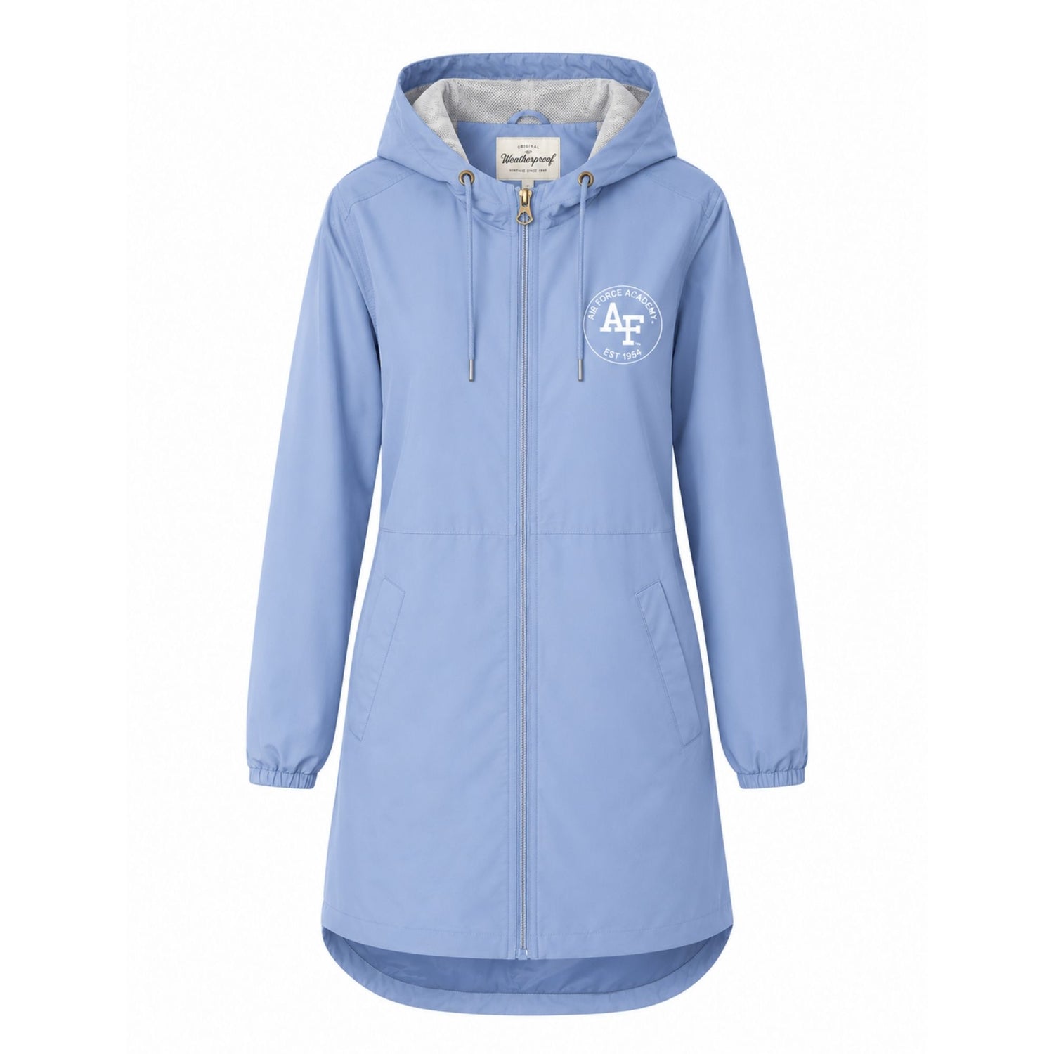 Women’s light blue Air Force Academy Flight Deck Rain Jacket with hood, longer curved hem, and lightweight water-resistant shell