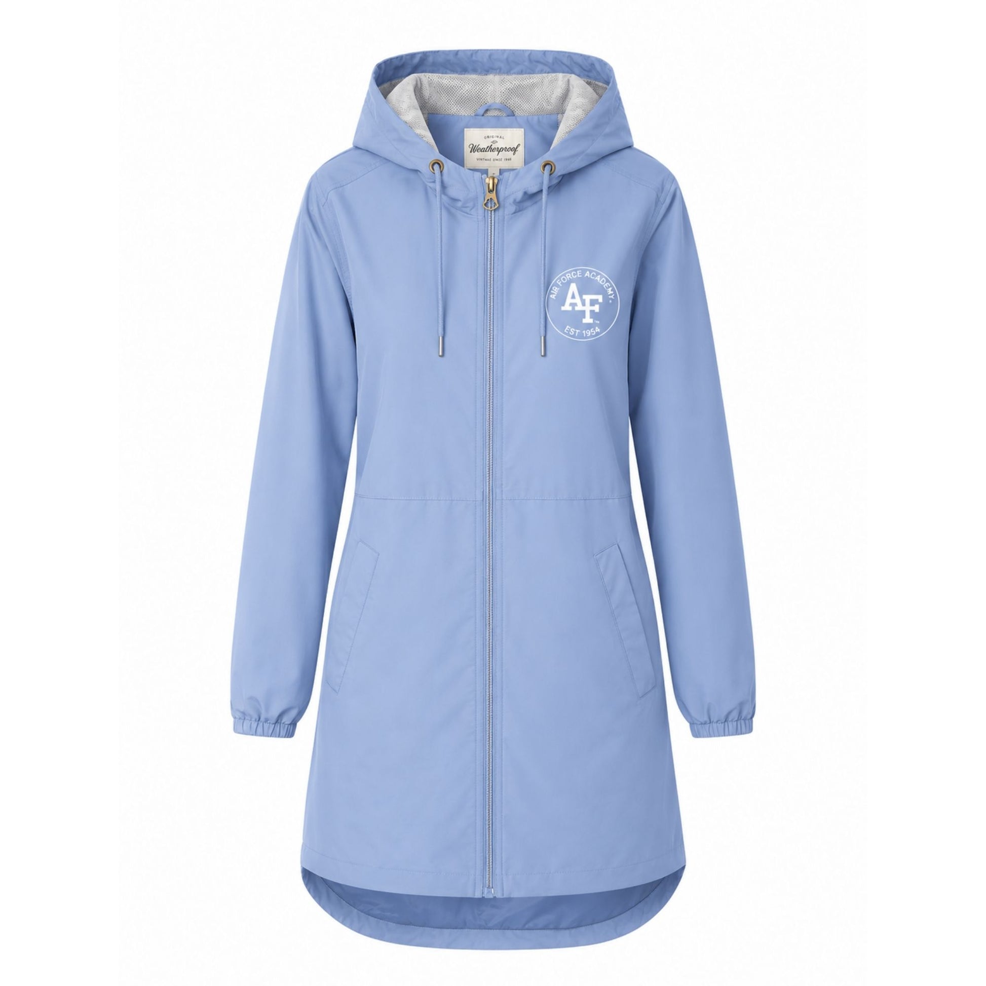 Women’s light blue Air Force Academy Flight Deck Rain Jacket with hood, longer curved hem, and lightweight water-resistant shell