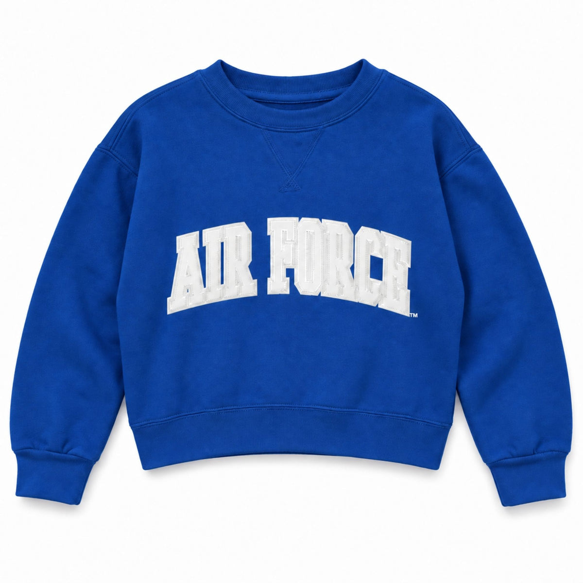 Youth Air Force Courtside Crewneck in vibrant blue with white AIR FORCE lettering, shown against a white background