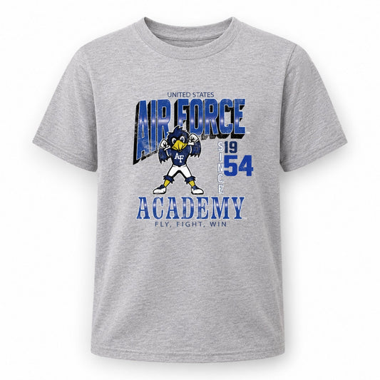 Youth heather gray Air Force Vintage Mascot Tee with retro falcon graphic