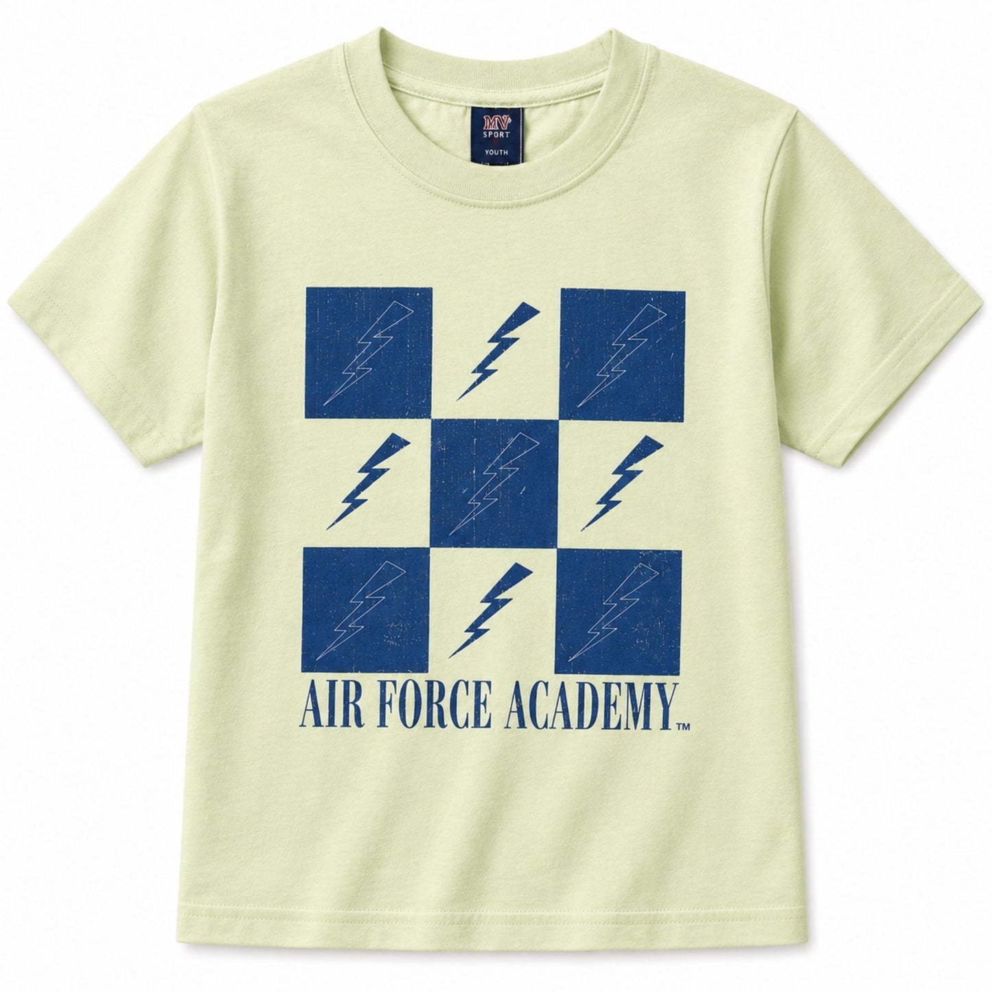 Youth Checkered Bolt Tee in matcha green with distressed blue checkerboard lightning bolt Air Force Academy graphic