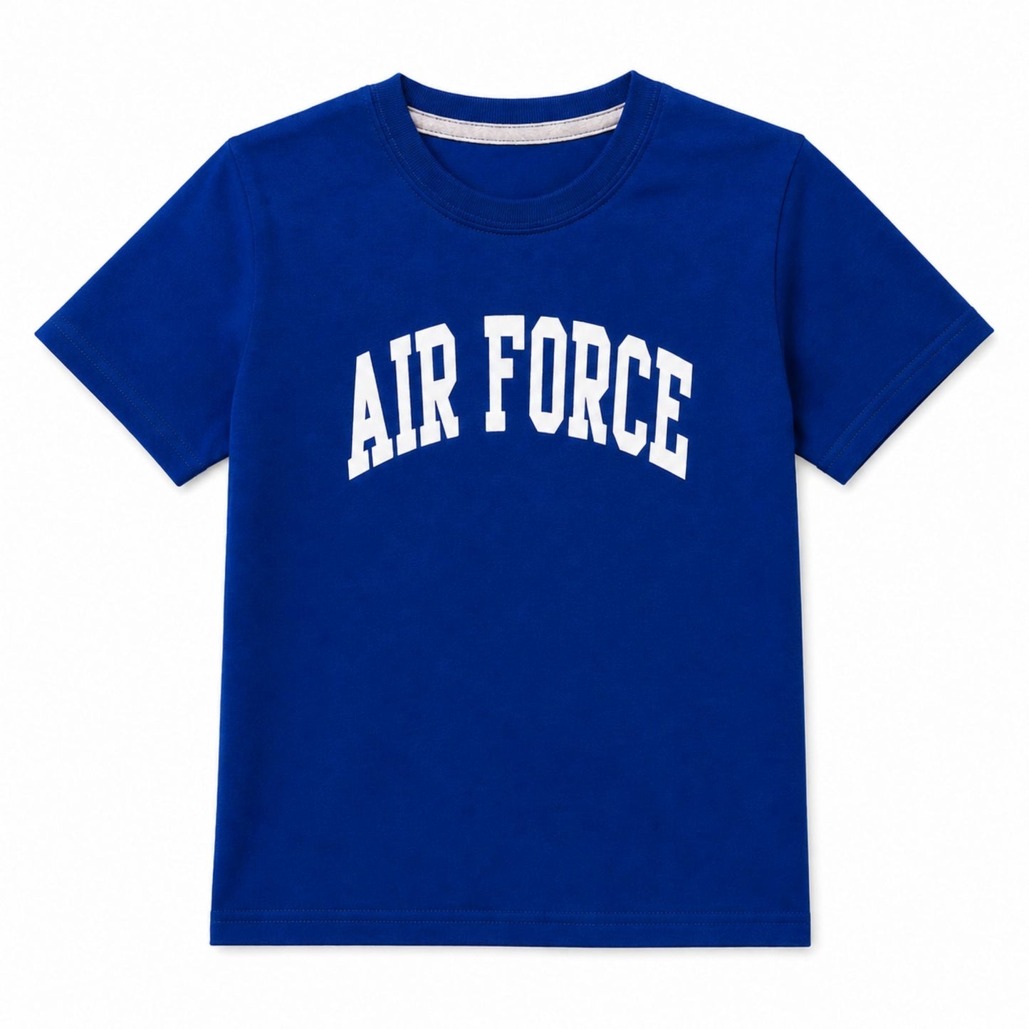 Youth royal blue Air Force T-shirt featuring a classic white arched AIR FORCE graphic on the front.