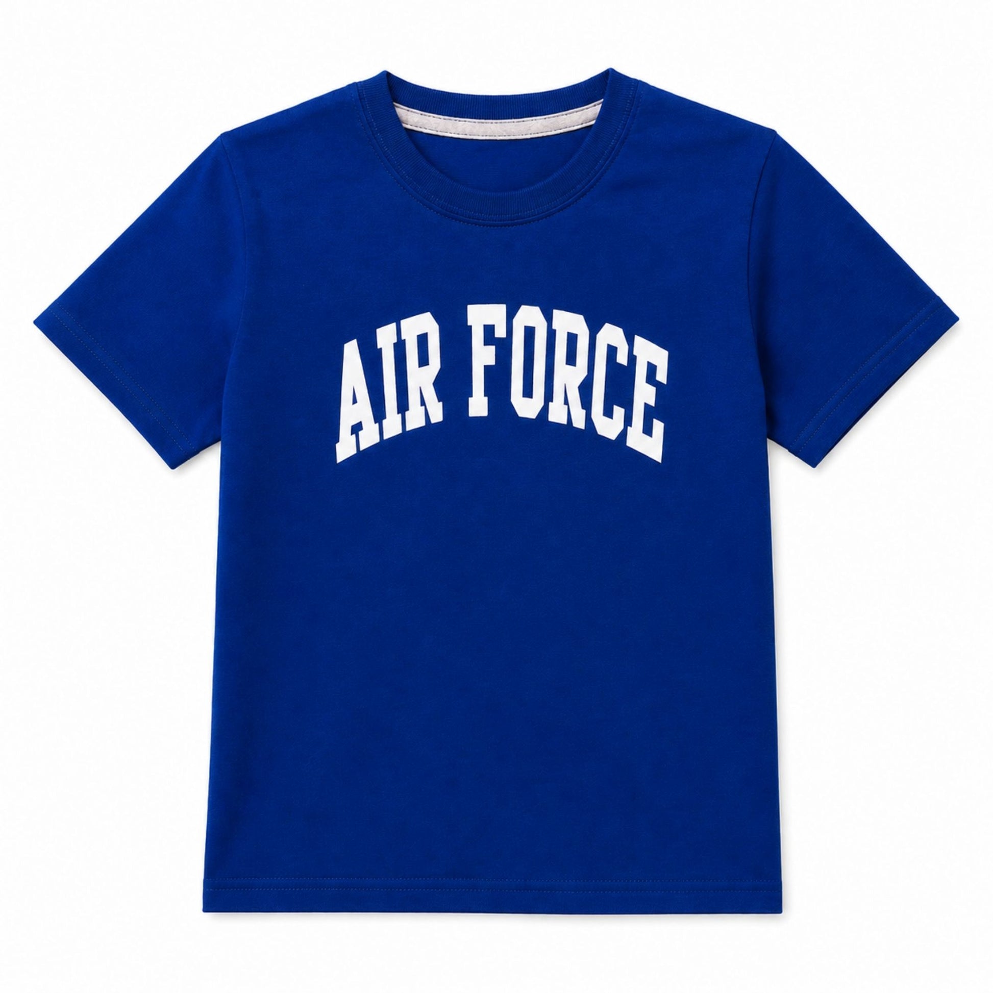 Youth royal blue Air Force T-shirt featuring a classic white arched AIR FORCE graphic on the front.