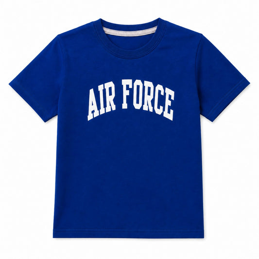 Youth royal blue Air Force T-shirt featuring a classic white arched AIR FORCE graphic on the front.