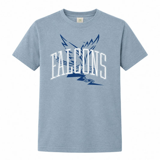 Youth light blue Falcons graphic t-shirt with bold collegiate lettering and wing artwork
