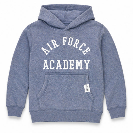 Youth USAFA Eco Essential Hoodie in blue with Air Force Academy graphic and front pouch pocket