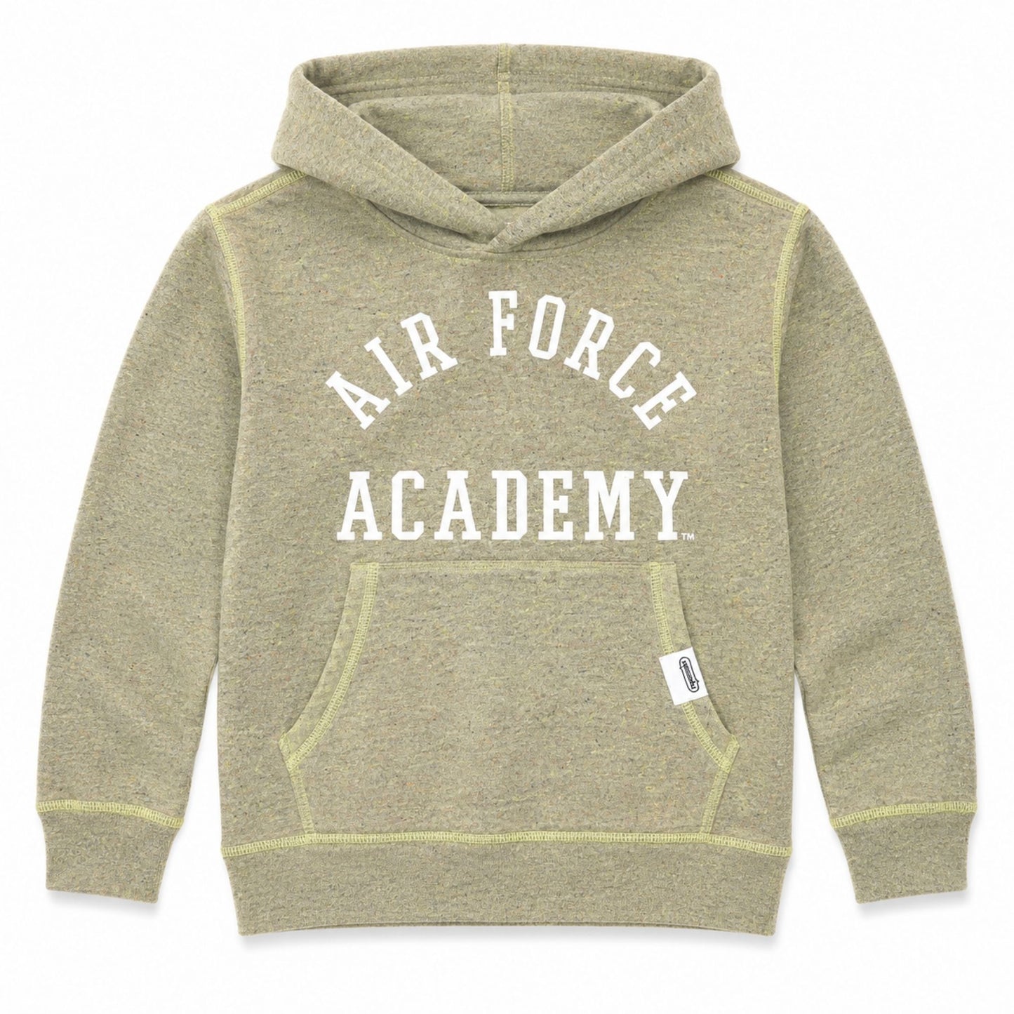 Youth USAFA Eco Essential Hoodie in green with Air Force Academy graphic and front pouch pocket