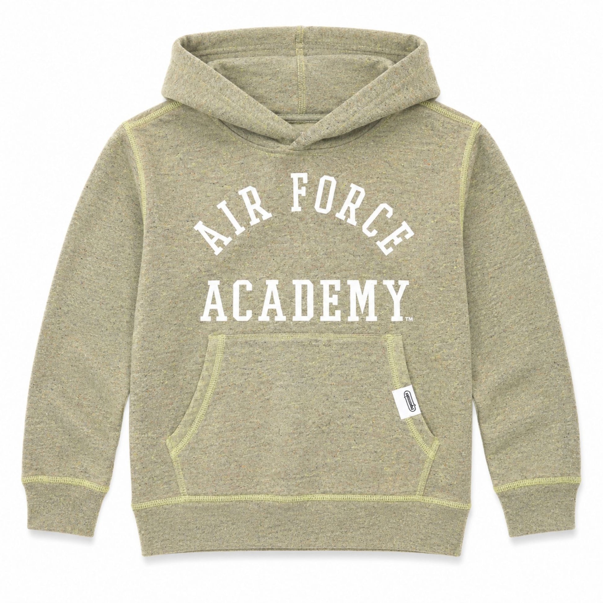 Youth USAFA Eco Essential Hoodie in green with Air Force Academy graphic and front pouch pocket
