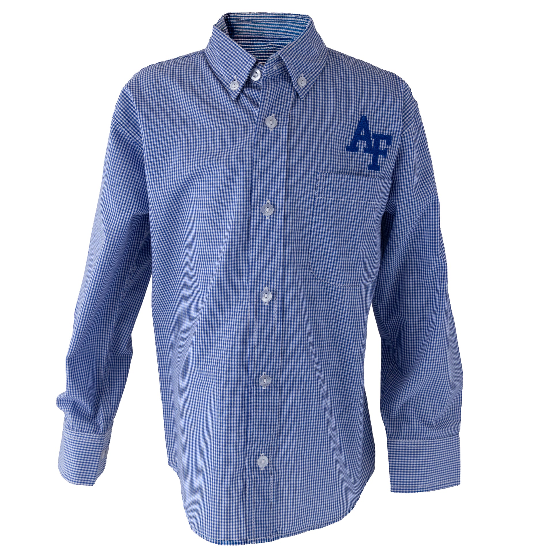 Blue youth USAFA mini check long sleeve button-down shirt with AF logo on the chest
