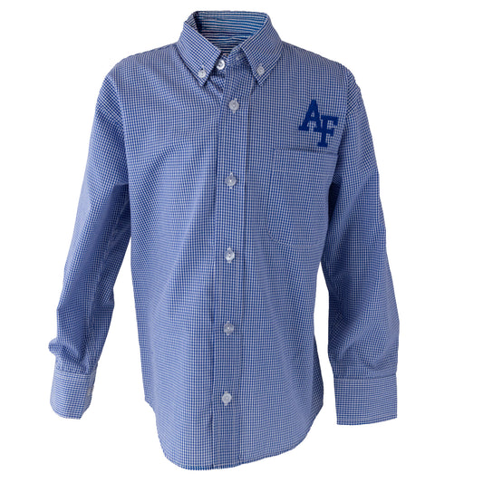 Blue youth USAFA mini check long sleeve button-down shirt with AF logo on the chest