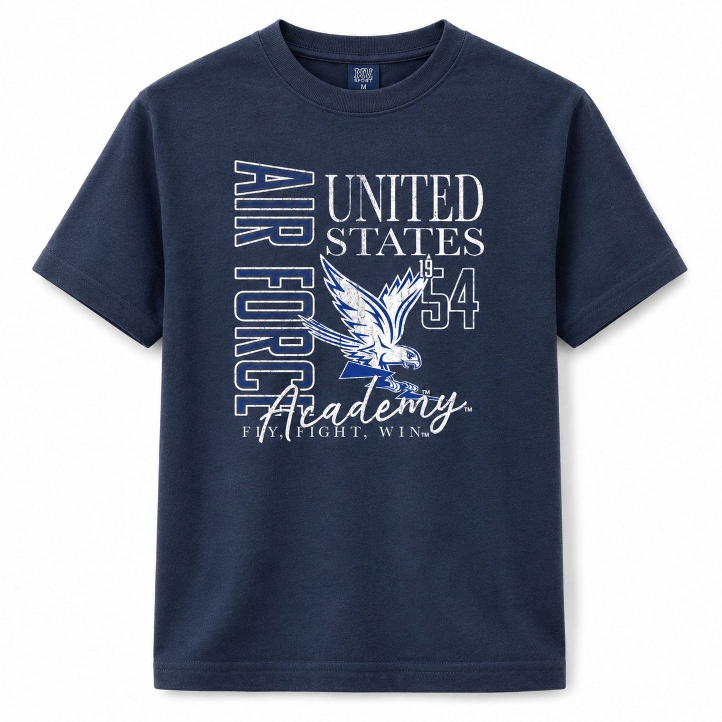 Youth USAFA Varsity Tee in navy with vintage Air Force Academy eagle graphic and Fly Fight Win design