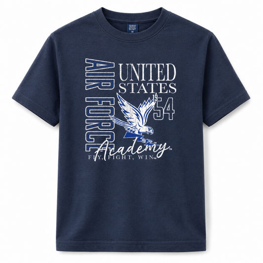 Youth USAFA Varsity Tee in navy with vintage Air Force Academy eagle graphic and Fly Fight Win design